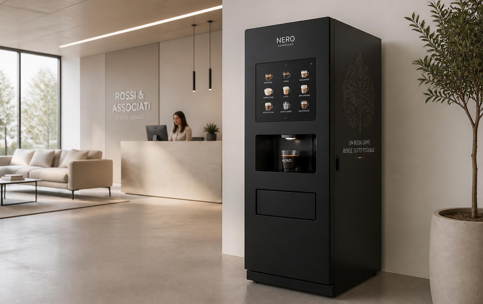 Distributore automatico di caffè installato nella hall di un ufficio
